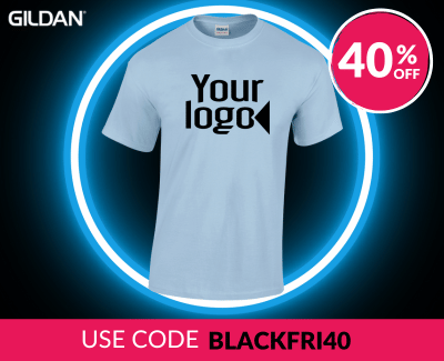 A light blue t-shirt with the placeholder text 'your logo.' The background has a neon circle design, with the Beechfield brand logo and a circular badge displaying '40% off.' A pink banner at the bottom says 'Use code BLACKFRI40'.